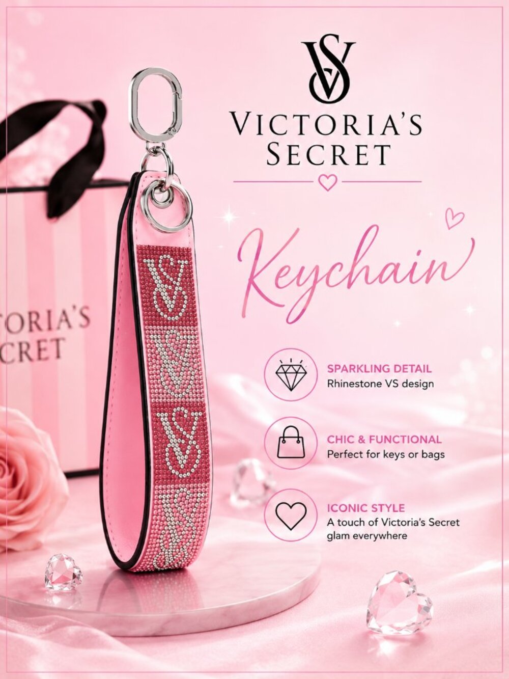 Victoria's Secret Rhinestone Wristlet Strap keychain VS pink Monogram logo